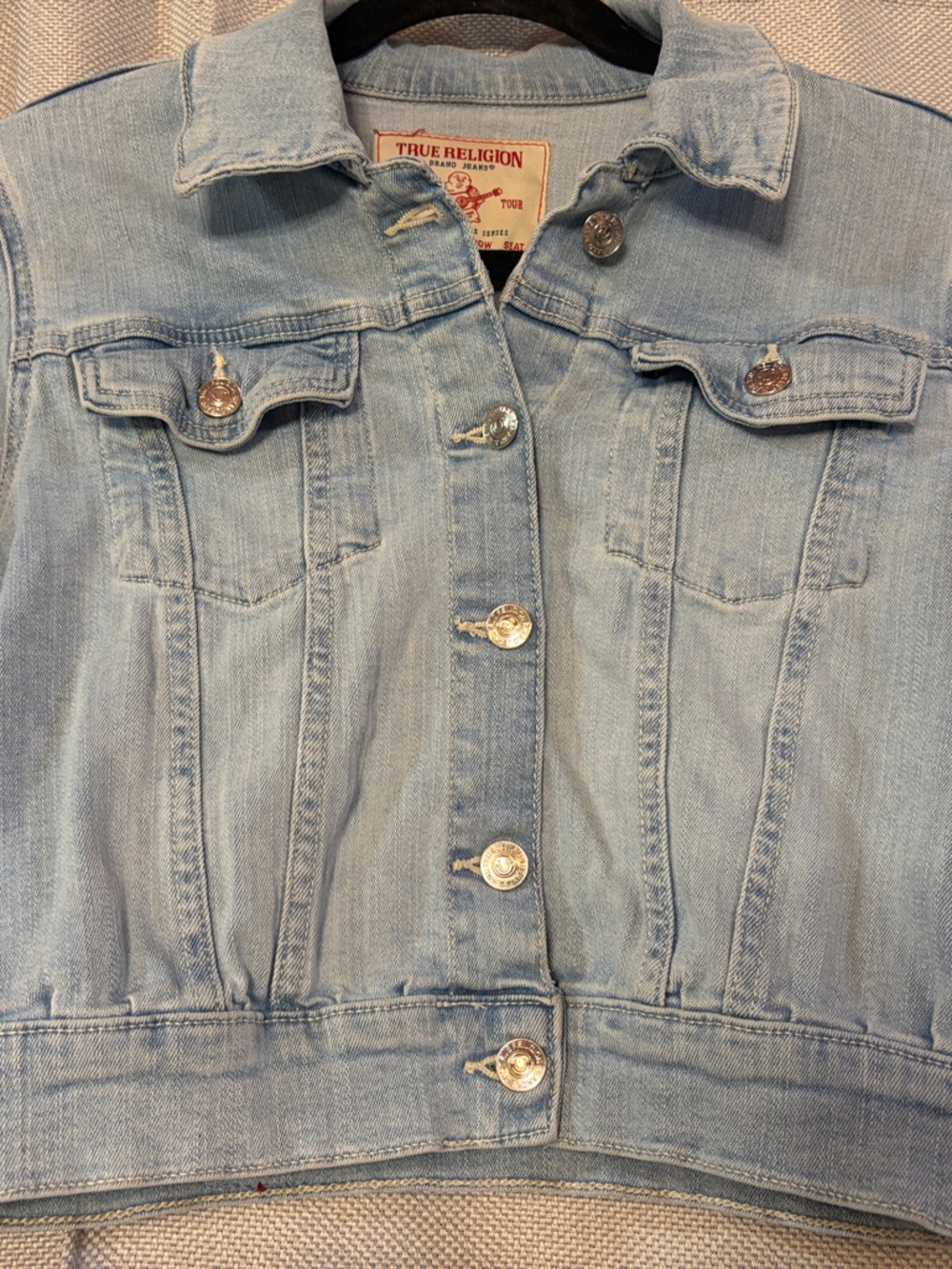 True Religion Light Blue Denim Jacket with Red Logo Patch - Picture 3 of 8